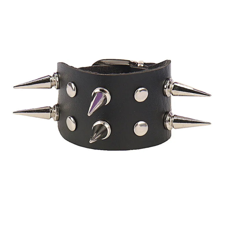 Adjustable Gothic Heart & Spike Punk Bracelet – Black Faux Leather Rock Accessory - Mrmora