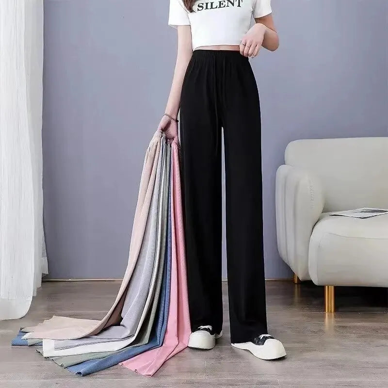 Ice Silk Wide-Leg Pants – High-Waisted Casual Trousers for Women - Mrmora