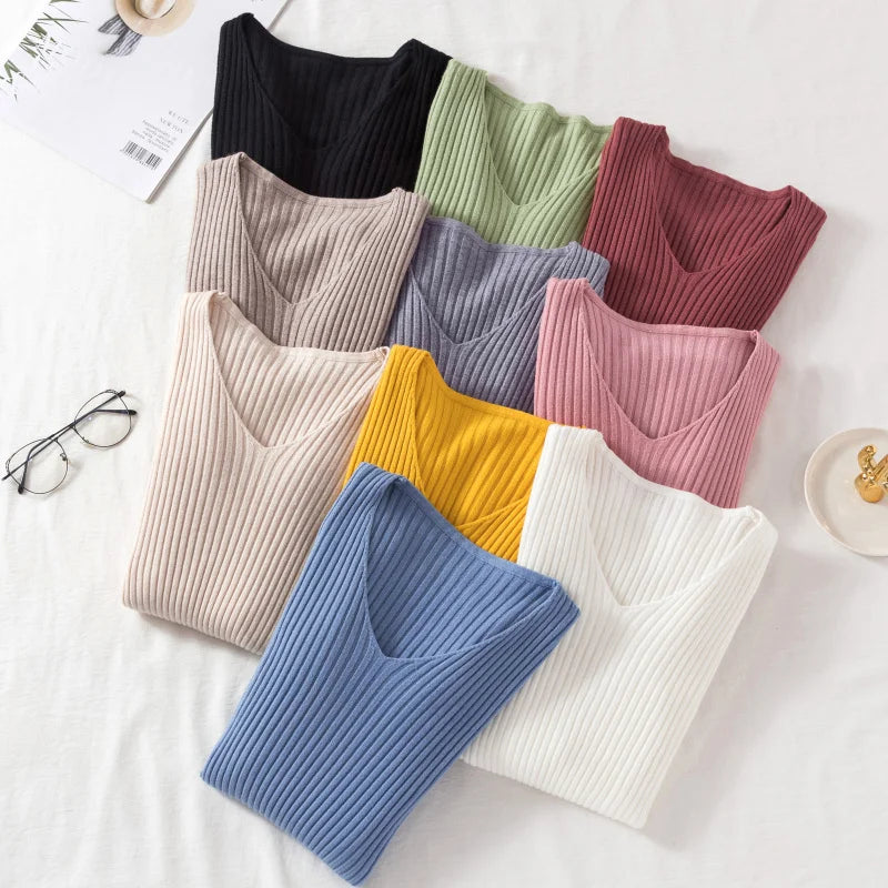 Casual V-Neck Knitted Sweater – Long Sleeve Solid Pullover for Women - Mrmora