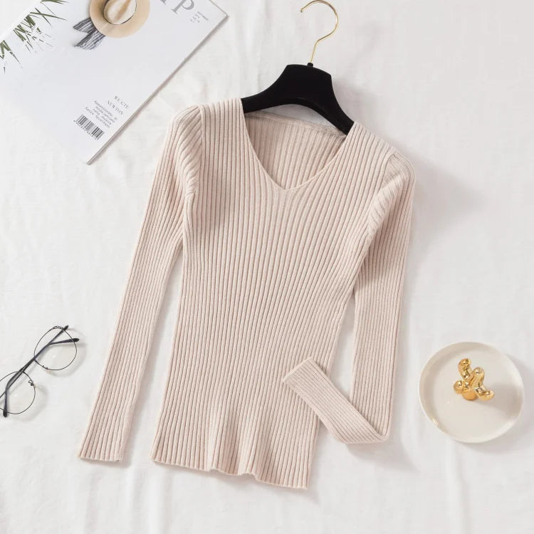 Casual V-Neck Knitted Sweater – Long Sleeve Solid Pullover for Women - Mrmora