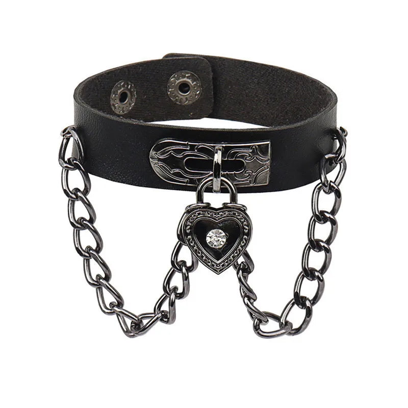 Adjustable Gothic Heart & Spike Punk Bracelet – Black Faux Leather Rock Accessory - Mrmora