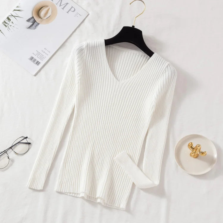 Casual V-Neck Knitted Sweater – Long Sleeve Solid Pullover for Women - Mrmora