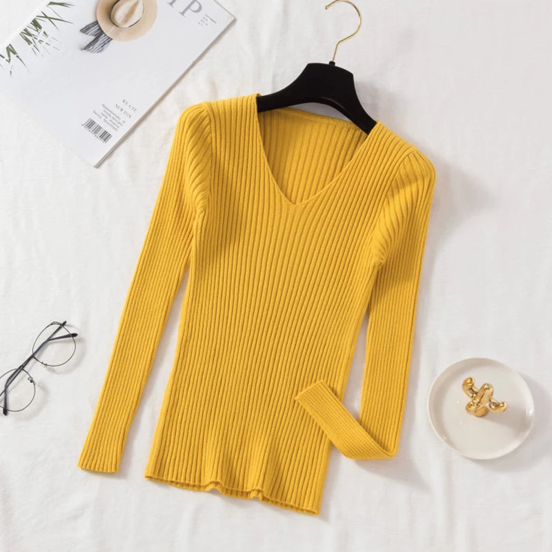 Casual V-Neck Knitted Sweater – Long Sleeve Solid Pullover for Women - Mrmora