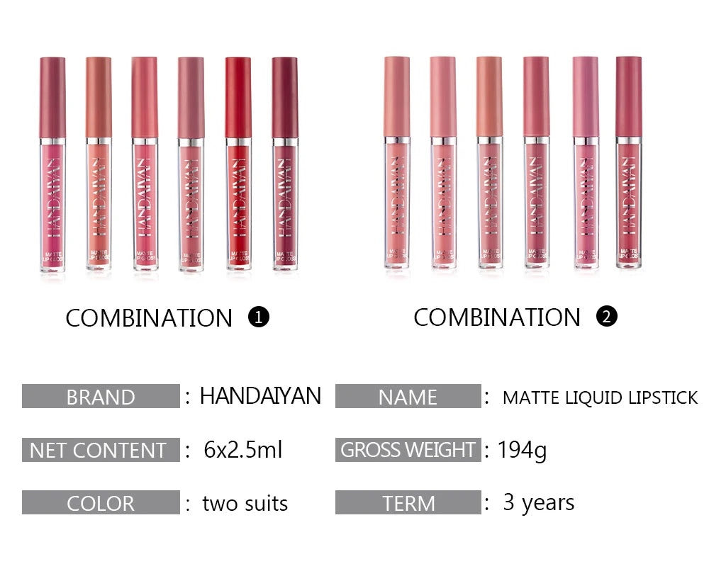 HANDAIYAN 6-Piece Matte Liquid Lipstick Set – Long-Lasting & Non-Stick - Mrmora