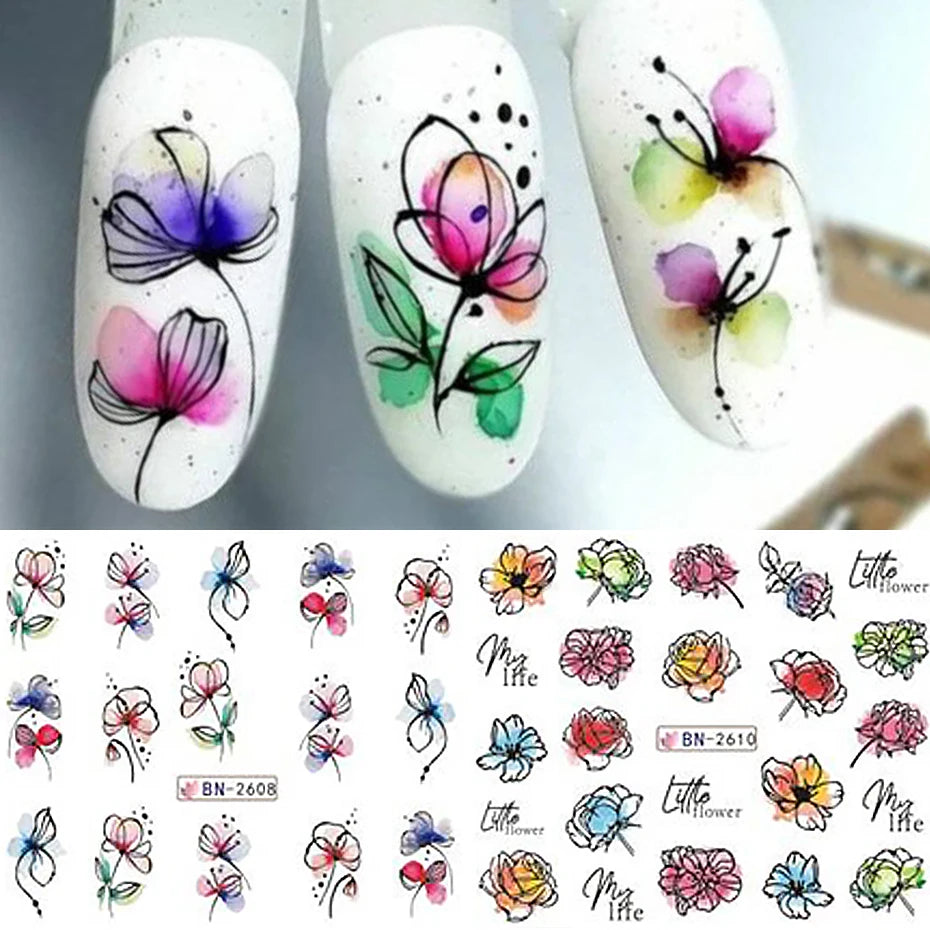 12 Nail Art Stickers – Floral Water Decals - Mrmora