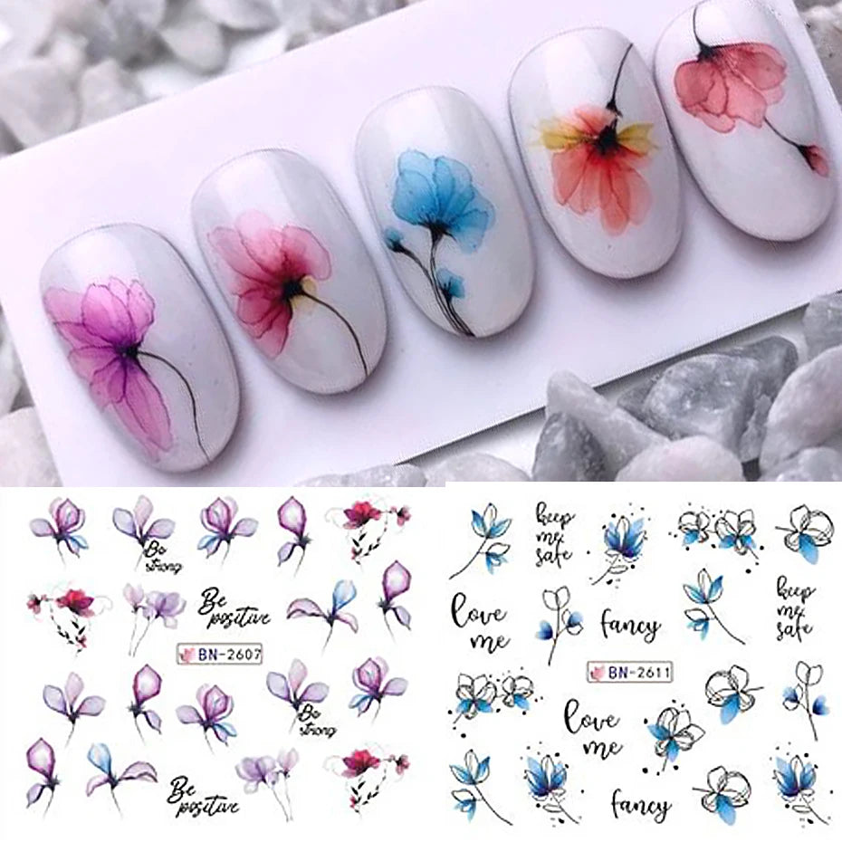 12 Nail Art Stickers – Floral Water Decals - Mrmora