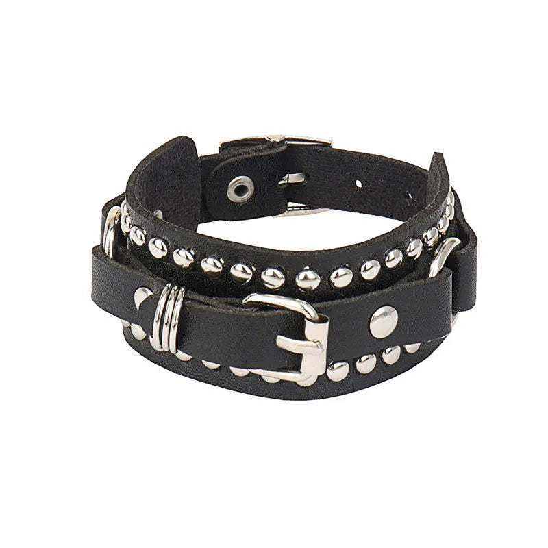 Adjustable Gothic Heart & Spike Punk Bracelet – Black Faux Leather Rock Accessory - Mrmora