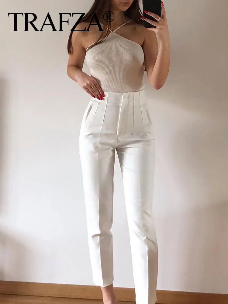 TRAFZA Women Elegant Solid Pencil Pants High Waist Pant For Women Casual Streetwear Woman Trousers Office Wear Chic Pant - Mrmora