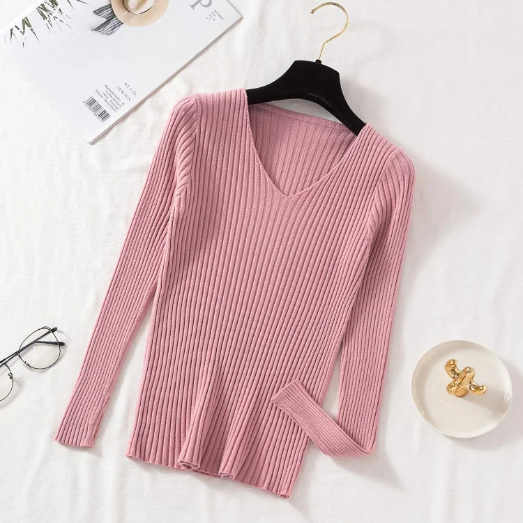 Casual V-Neck Knitted Sweater – Long Sleeve Solid Pullover for Women - Mrmora