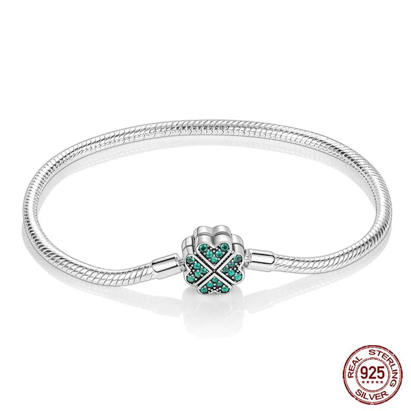 925 Silver Star, Moon & Clover Bracelet – Elegant Green Zircon Charm Gift - Mrmora