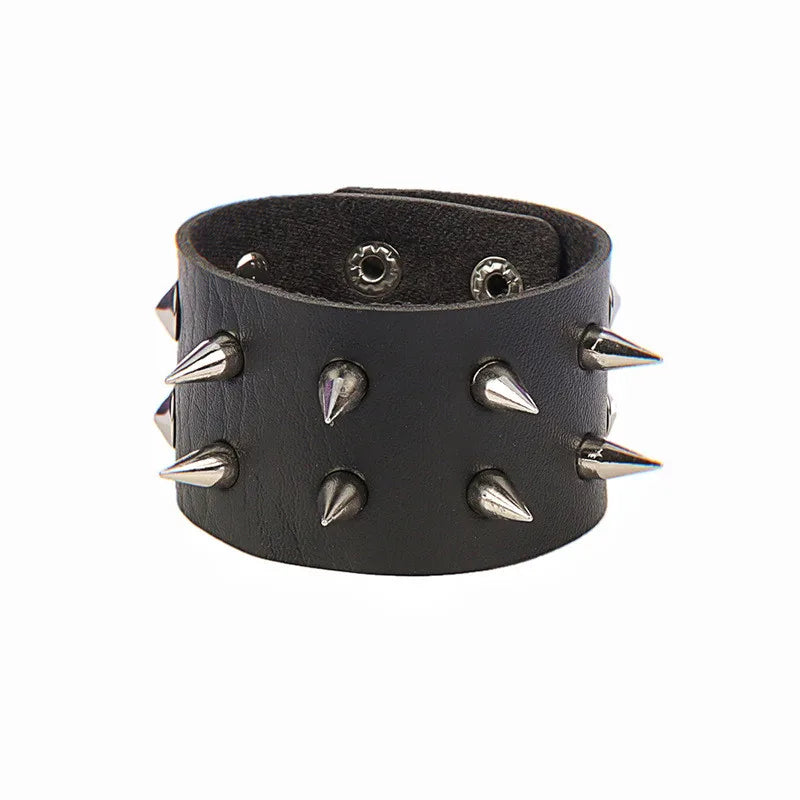 Adjustable Gothic Heart & Spike Punk Bracelet – Black Faux Leather Rock Accessory - Mrmora