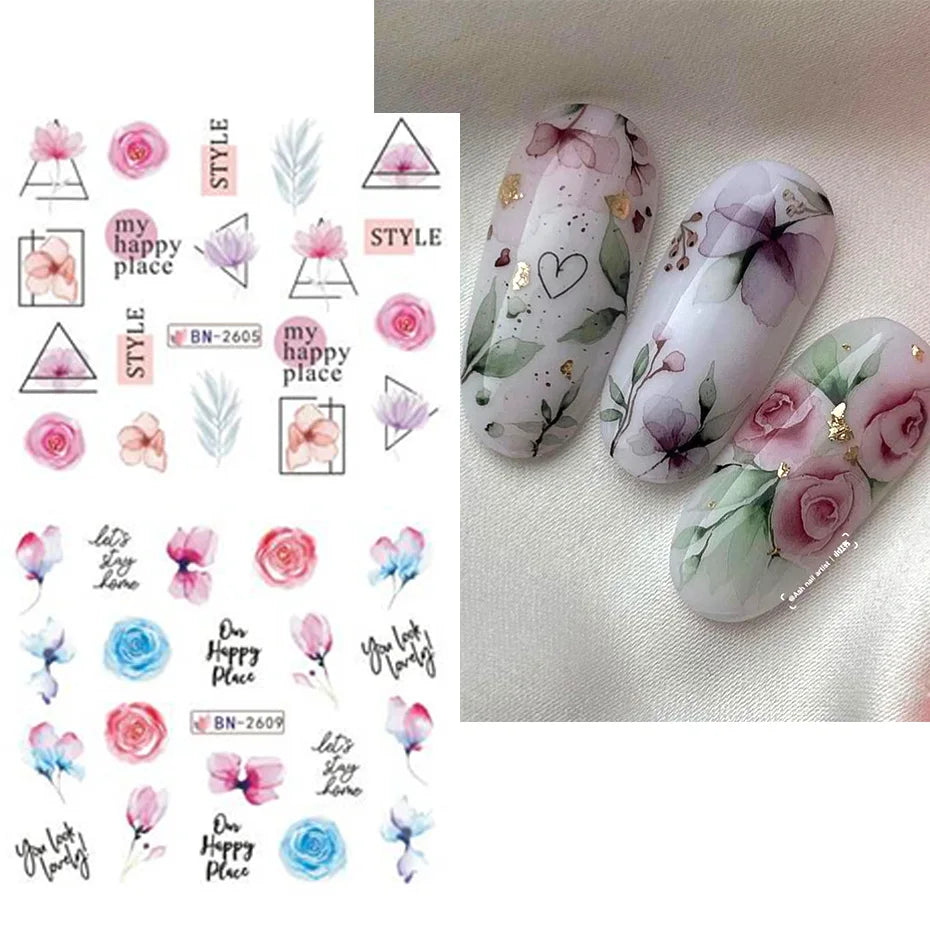 12 Nail Art Stickers – Floral Water Decals - Mrmora