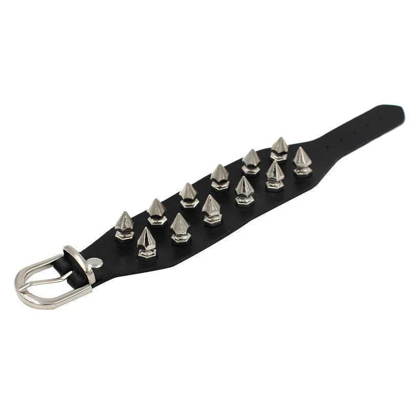 Adjustable Gothic Heart & Spike Punk Bracelet – Black Faux Leather Rock Accessory - Mrmora