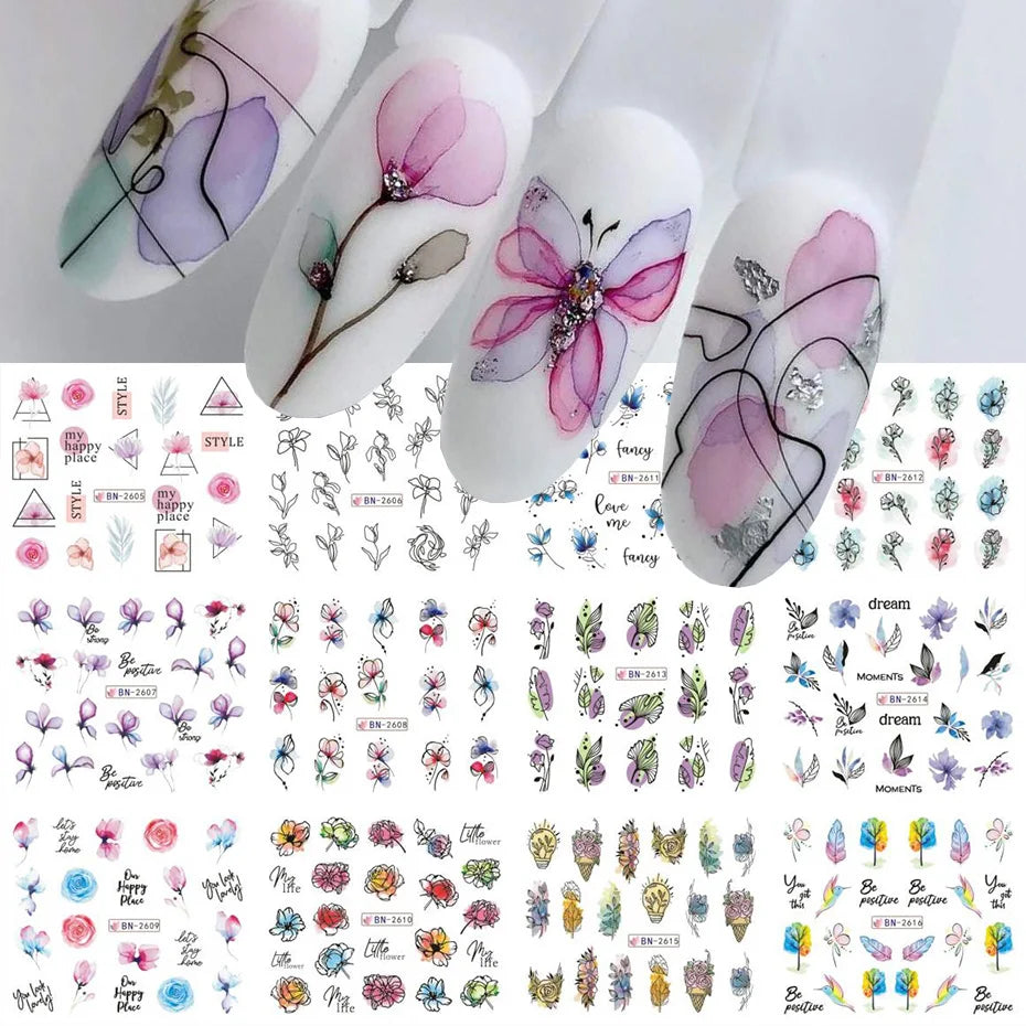 12 Nail Art Stickers – Floral Water Decals - Mrmora