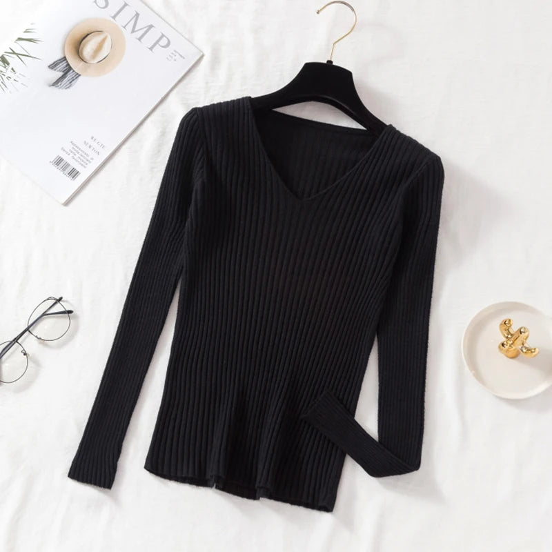 Casual V-Neck Knitted Sweater – Long Sleeve Solid Pullover for Women - Mrmora