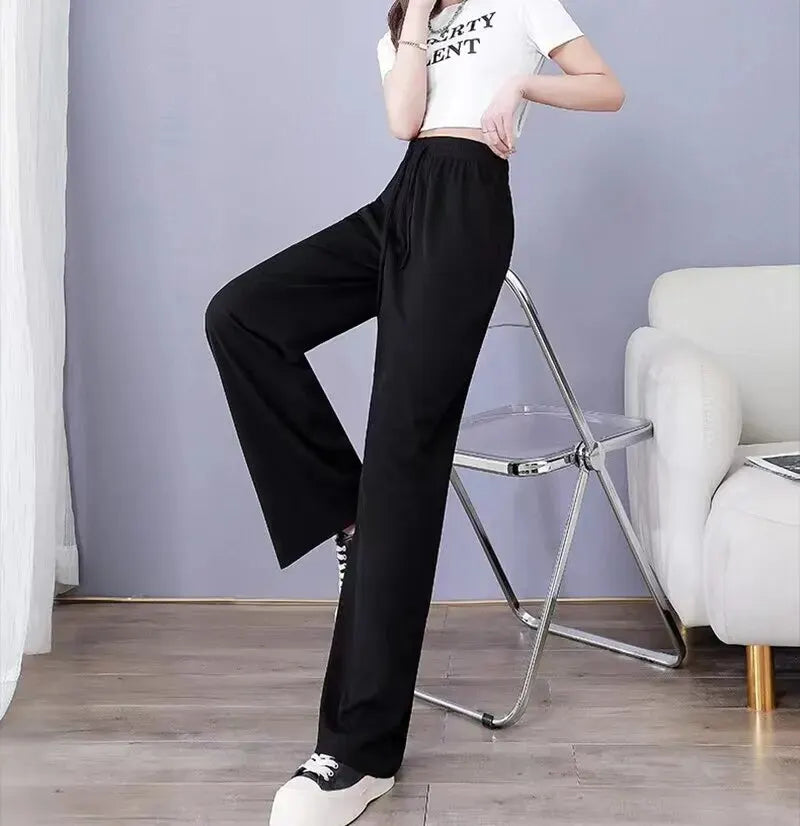 Ice Silk Wide-Leg Pants – High-Waisted Casual Trousers for Women - Mrmora