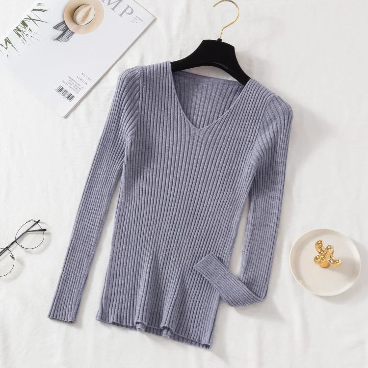 Casual V-Neck Knitted Sweater – Long Sleeve Solid Pullover for Women - Mrmora