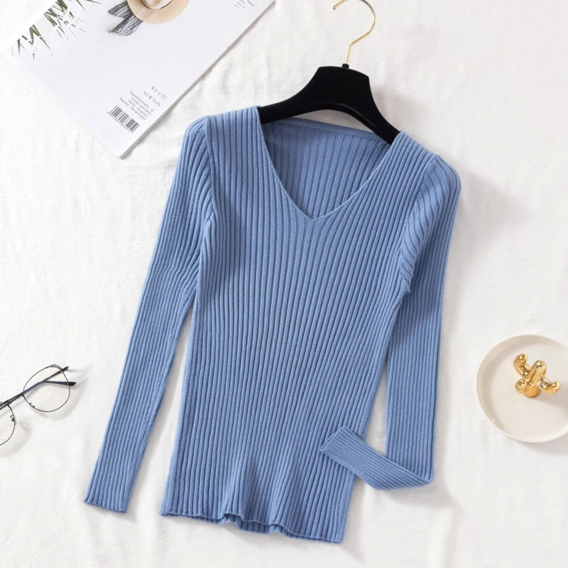 Casual V-Neck Knitted Sweater – Long Sleeve Solid Pullover for Women - Mrmora