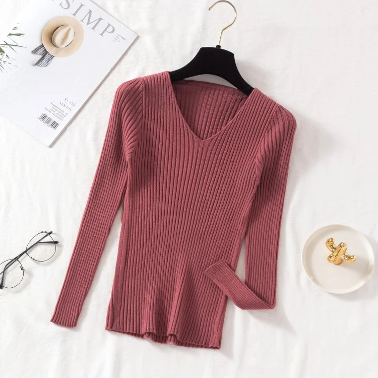 Casual V-Neck Knitted Sweater – Long Sleeve Solid Pullover for Women - Mrmora