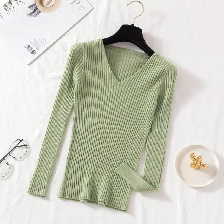 Casual V-Neck Knitted Sweater – Long Sleeve Solid Pullover for Women - Mrmora