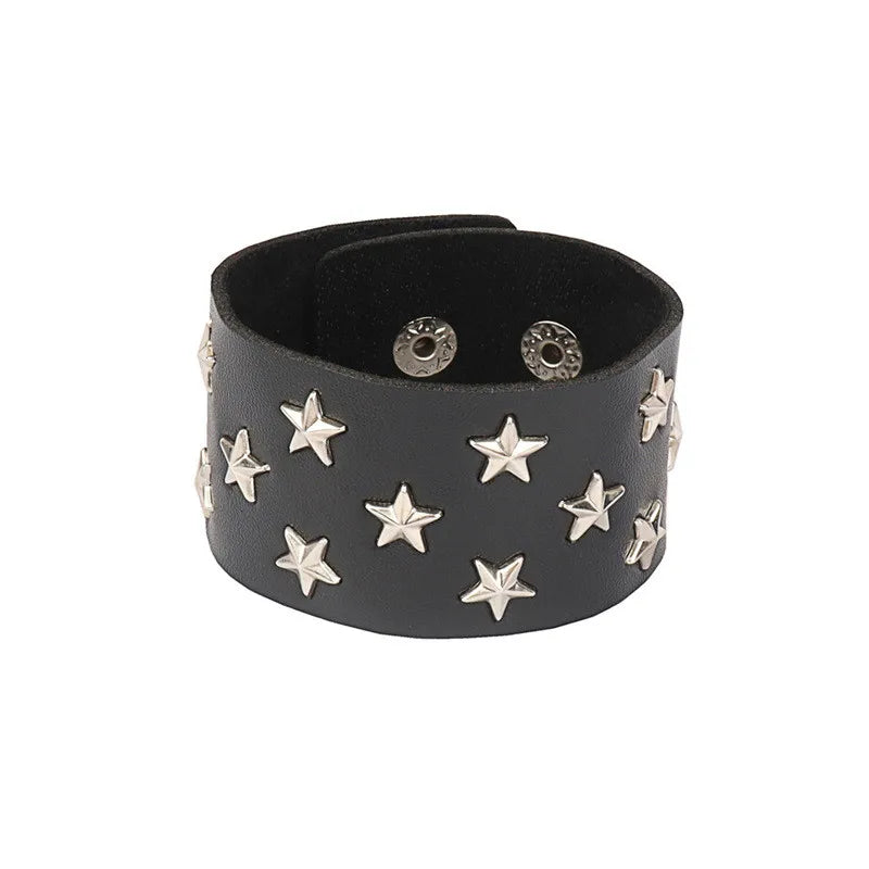 Adjustable Gothic Heart & Spike Punk Bracelet – Black Faux Leather Rock Accessory - Mrmora