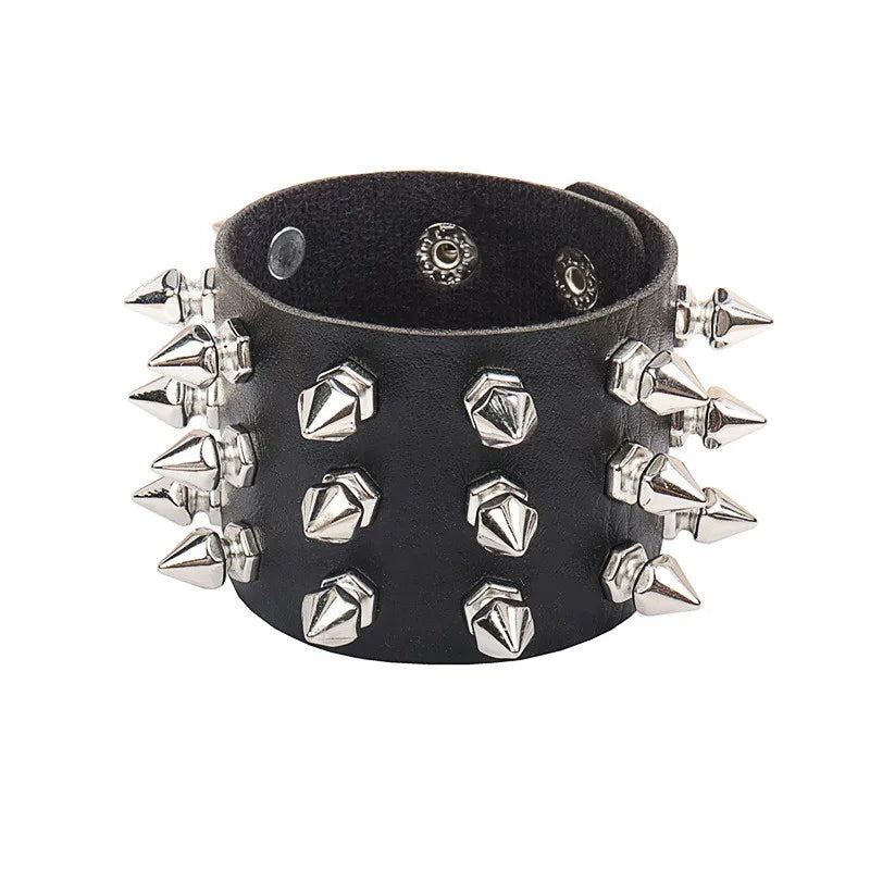 Adjustable Gothic Heart & Spike Punk Bracelet – Black Faux Leather Rock Accessory - Mrmora