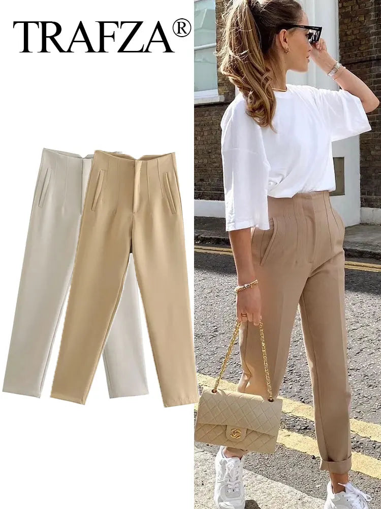 TRAFZA Women Elegant Solid Pencil Pants High Waist Pant For Women Casual Streetwear Woman Trousers Office Wear Chic Pant - Mrmora