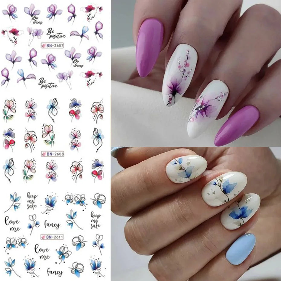 12 Nail Art Stickers – Floral Water Decals - Mrmora