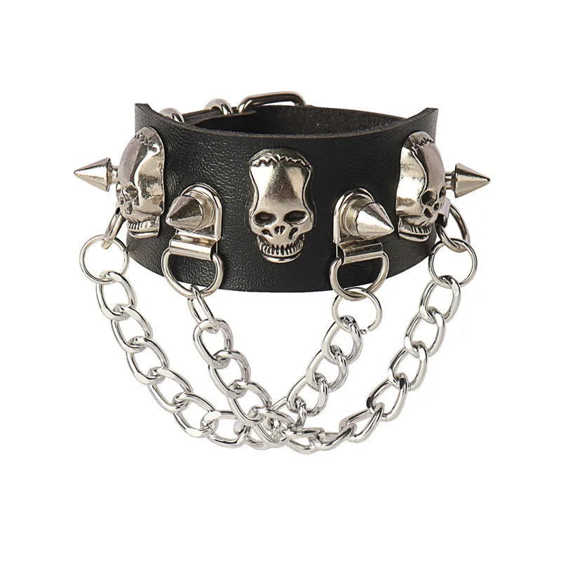 Adjustable Gothic Heart & Spike Punk Bracelet – Black Faux Leather Rock Accessory - Mrmora